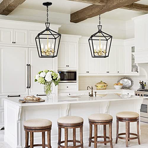 Untrammelife 4-Light Lantern Pendant Light Black And Gold Brushed Brass Kitchen Pendant Light Modern Geometric Chandelier Adjustable Chain Cage Hanging Pendant Light Fixture For Foyer Dining Room #TOP1