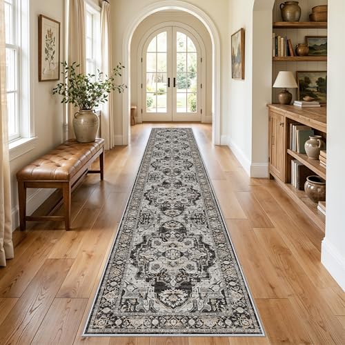 Hallway Washable 2x12 Runner Rug: Indoor Soft Kitchen Rugs for Entryway Vintage Distressed Non-Slip Backing Thin Carpet for Living Room Stain Resistant Home Decor Mat for Bedroom Bathroom(Black, 2X12)