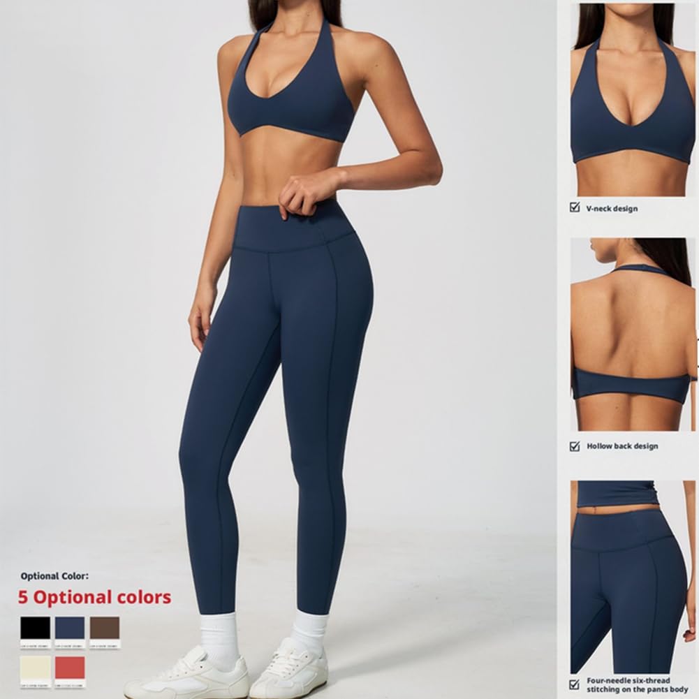 2 pezzi reggiseno e leggings yoga per palestra fitness | Reggiseno sportivo allacciato al collo scollo V profondo con effetto push-up, leggings a vita alta sollevaglutei, tessuto