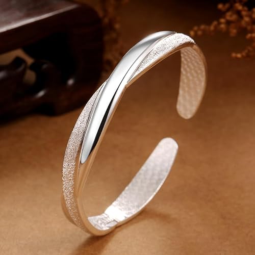 Image of LAIFULA Women's Solid 925 Sterling Silver Bar Bangle Bracelet，Dainty Silver Cuff Bracelets Silver Plated Mobius Open Bracelet, Valentine's Day Gift for Girls