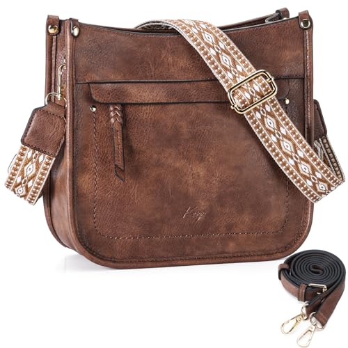 Kasgo Bolsos Bandolera Mujer, Bolso Mujer Mediano de Cuero PU Bolso Hombro de Moda Bolso Cruzado Retro con 2 Correas Ajustable y Reemplazable para Diario Trabajo Viaje Compras, Marrón