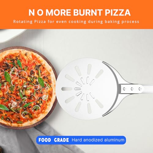 Pizza Turning Peel, 8-inch Pizza Peel Turner Spinner, Long Handle Perforated Aluminum Pizza Peel with Silicone Hook, Pizza Oven Accessories by Honsdom - Image 2