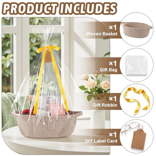 Image of OIAHOMY Small Woven Basket with Gift Bags, Ribbons & DIY Label Card, Baskets for Gifts Empty, Small Rope Basket 12 * 8 * 5IN, Cute Decorative Baskets with Handles for Baby Pets, Toys, Blown