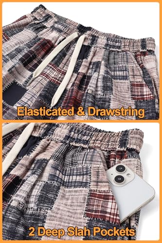 Men's Harem Yoga Shorts Cotton Capri 3/4 Pants Patchwork Casual Beach Shorts Drawstring Cropped Trousers Brown3