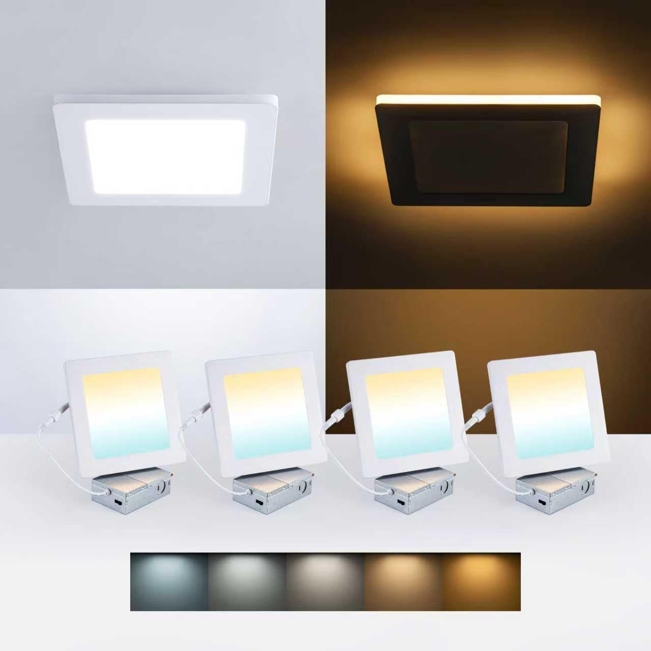 12W Square Recessed Ceiling Light with Night Light 6 Inch 2700K-6000K 5CCT Selectable Ultra-Thin Lighting Dimmable Canless Wafer Downlight Adapt to 3-6 inch square and circular openings 4PCS