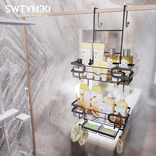 SWTYMIKI Over the Door Shower Caddy Hanging with Double Soap Holder, Hanging Shower Organizer with 16 Hooks, No Drilling Shower Shelves Over Door, Bathroom Rack and Storage, Black by SWTYMIKI - Used condition - Image 2