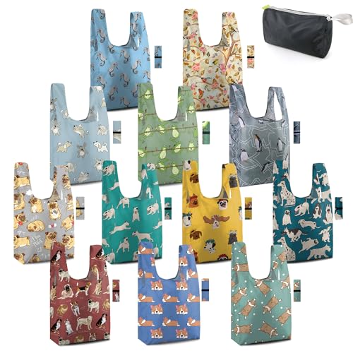 BeeGreen Animal Reusable Grocery Bags Bulk Gifts 12-Pack - Large Tote with Zipper Pouch | Foldable & Washable Polyester Shopping Bags Heavy Duty Animal Lover Gifts Reusable Bag With Handles