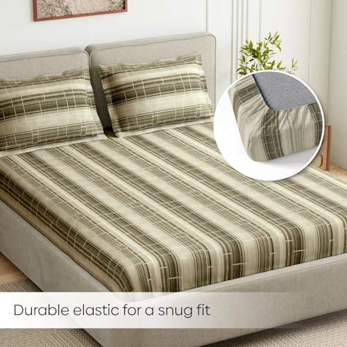 Image of haus & kinder Elastic Bedsheet for King Size Bed|144 TC Pure Cotton Elastic Fitted King Size Bedsheet with 2 Pillow Covers (72x78x10 Inches)-Green Linear Muse Green