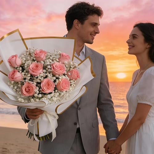 jwtyu 40 Blatt Blumen Papier Rosa und Weiß Blumenpapier 57x57cm Blumenstrauß Papier Wasserdicht Papier für Blumenstrauß Geschenkboxen Schmücken und DIY