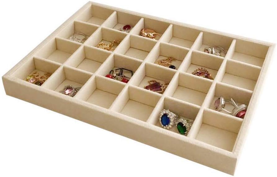 Premium Grade Beige Velvet Jewelry Organization Tray 24 Grids Removable and Rearrangeable Dividers Drawer Insert Closet Organizer Stackable