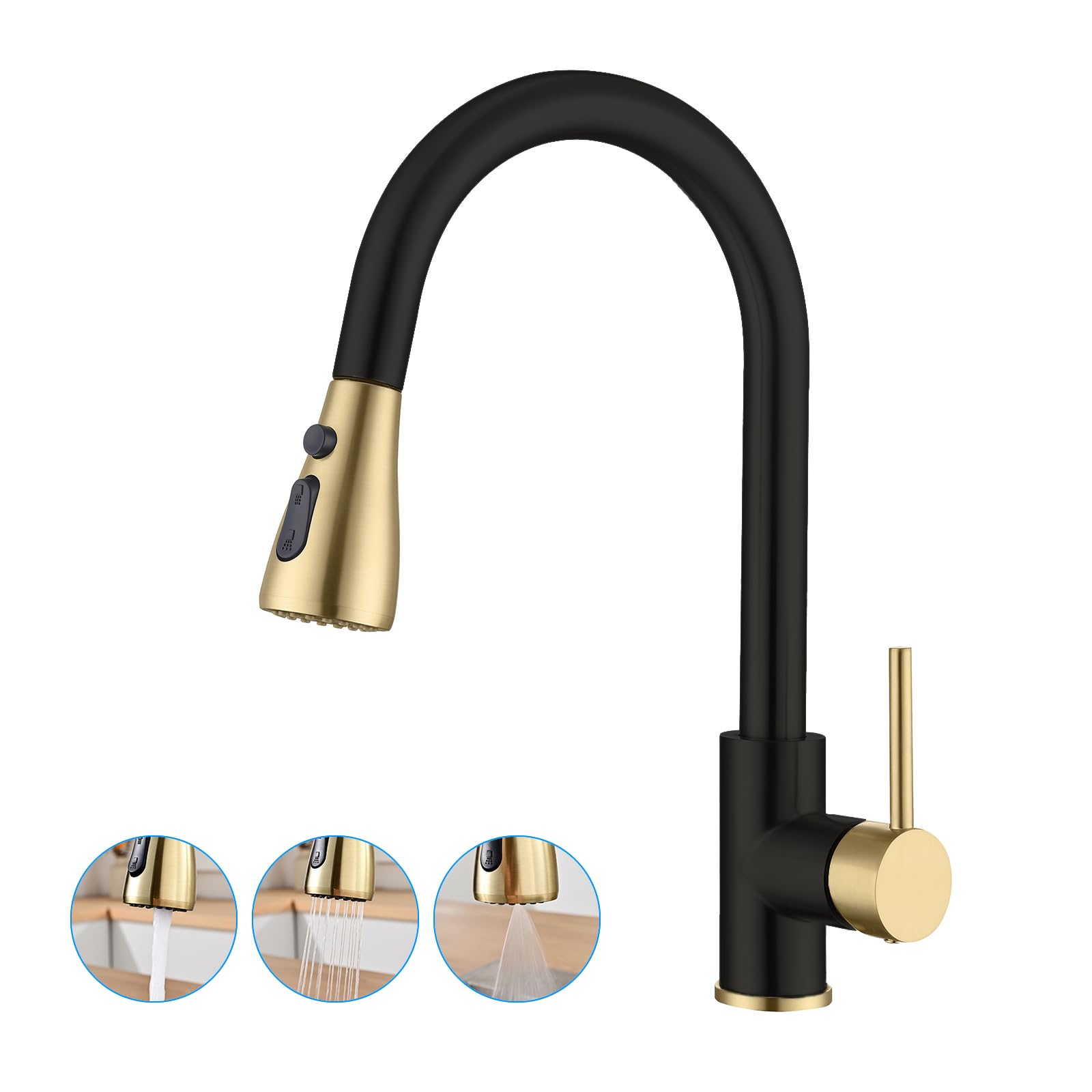 Havin Gold and Black Pull Down Kitchen Faucet with ABS Sprayer,High Arc Stainless Steel Material,with cUPC Cartridge,Sink Faucet Without Deck Plate,Fit for One Hole Kitchen Sink and Laundry Sink