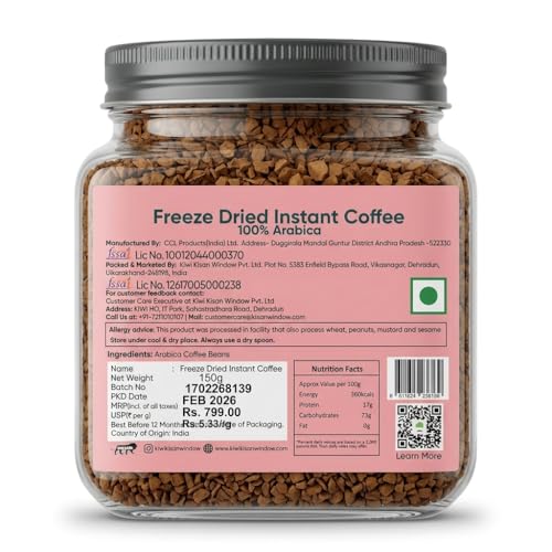 Image of Kiwi Kisan Window - Freeze Dried Instant Coffee, 100% Arabica - 150g (Pack of 2) | Bold & Rich Taste | No Chicory - No Preservatives | Perfect for Hot & Cold Coffee