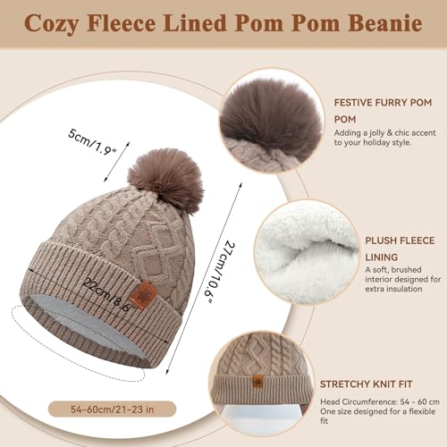 Winter Hat and Gloves Set for Women, 3-in-1 Fleece Lined Pom Pom Beanie, Long Knit Scarf & Touchscreen Gloves, The Winter Gift for Someone Who’s Always Cold, Khaki