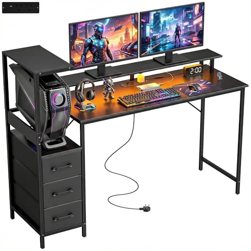 Homcom 147 Cm Gaming Desk, Computer Table With Adjustable And Reversible Cpu Stand, Computer Desk With Rgb Lights, Power Outlets, Usb & USB-C Ports, Monitor Stand And 3 Fabric Drawers, Black