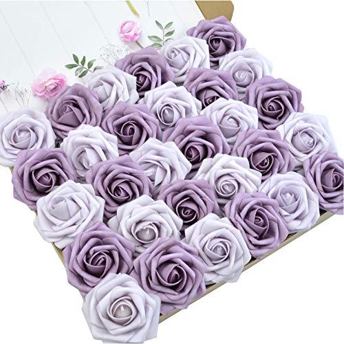 DerBlue 60pcs Artificial Roses Flowers Real Looking Fake Roses Artificial Foam Roses Decoration