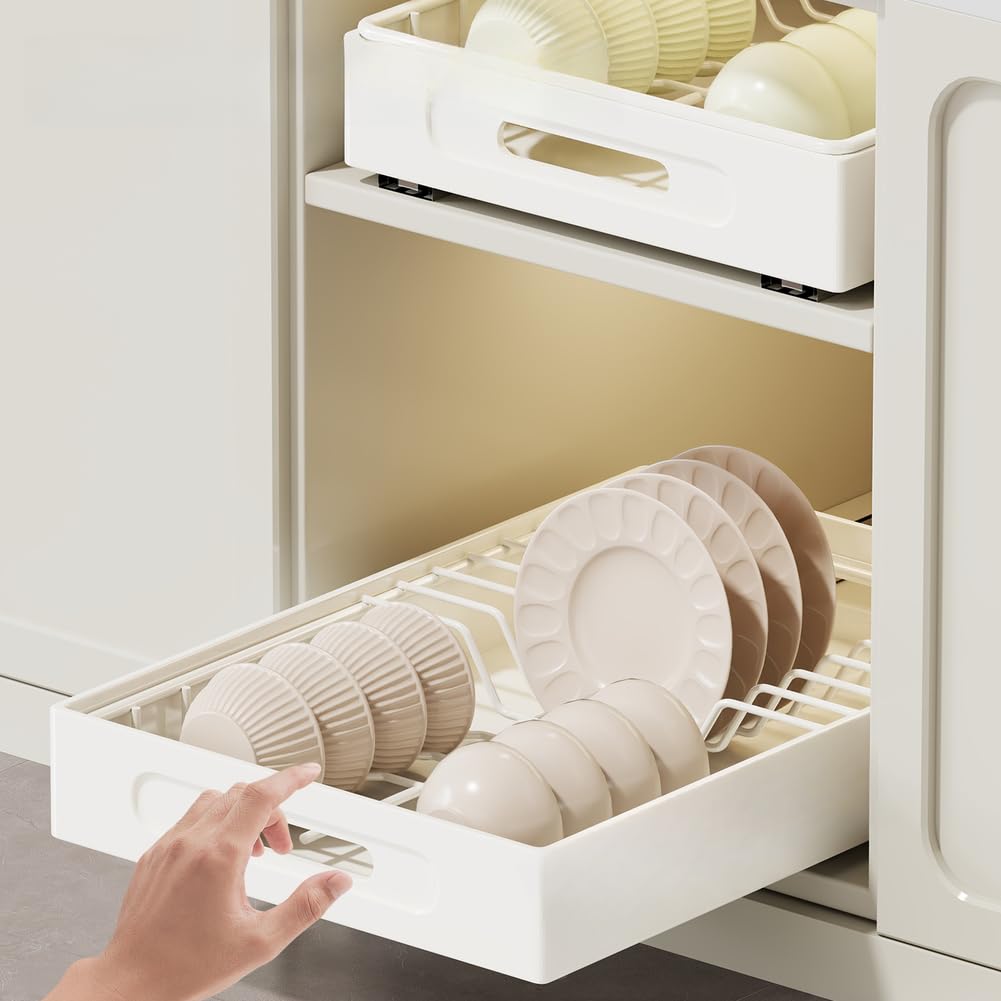 Ausziehbares Edelstahl-Tellerregal, leichtgängiges herausziehbares Abtropfgestell mit selbstklebender Installation, Küchenorganisation, Weiß