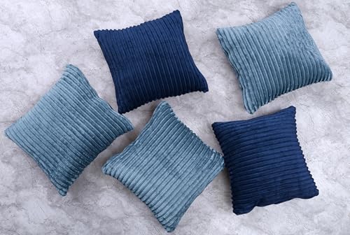 Image of Yellow Weaves Pencil-Stripe Fur Cushion Covers | Soft Polyester | Decorative Sofa & Throw Pillow Covers | 16x16 Inches, Pack of 5 (Blue & Sky Blue)