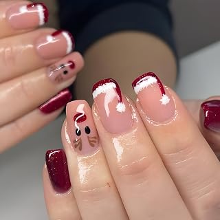 Christmas Cute Elk Press on Nails Short Medium Square Fake Nails Red French Tip Acrylic Nails with Christmas Hat Designs Glue on Nails Glossy Full Cover Stick on Nails for Women Girls 24Pcs