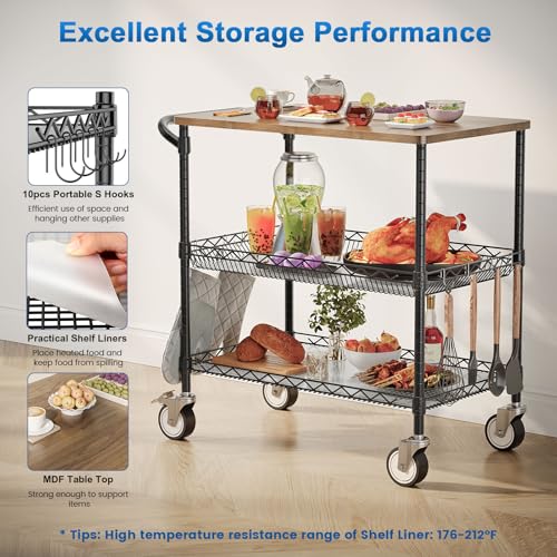 Image of Rolling Kitchen Carts with Wheels, 3-Tier Utility Cart with Wood Tabletop