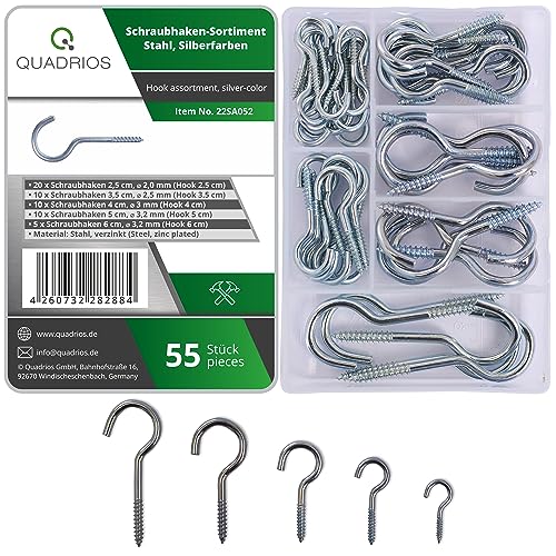 QUADRIOS Screw Hook Set, 55 Robust Hook Screws with Thread Made of Galvanised Steel for Indoor and Outdoor Use, Ceiling Hooks, Wall Hooks, Mounting Hooks, Silver