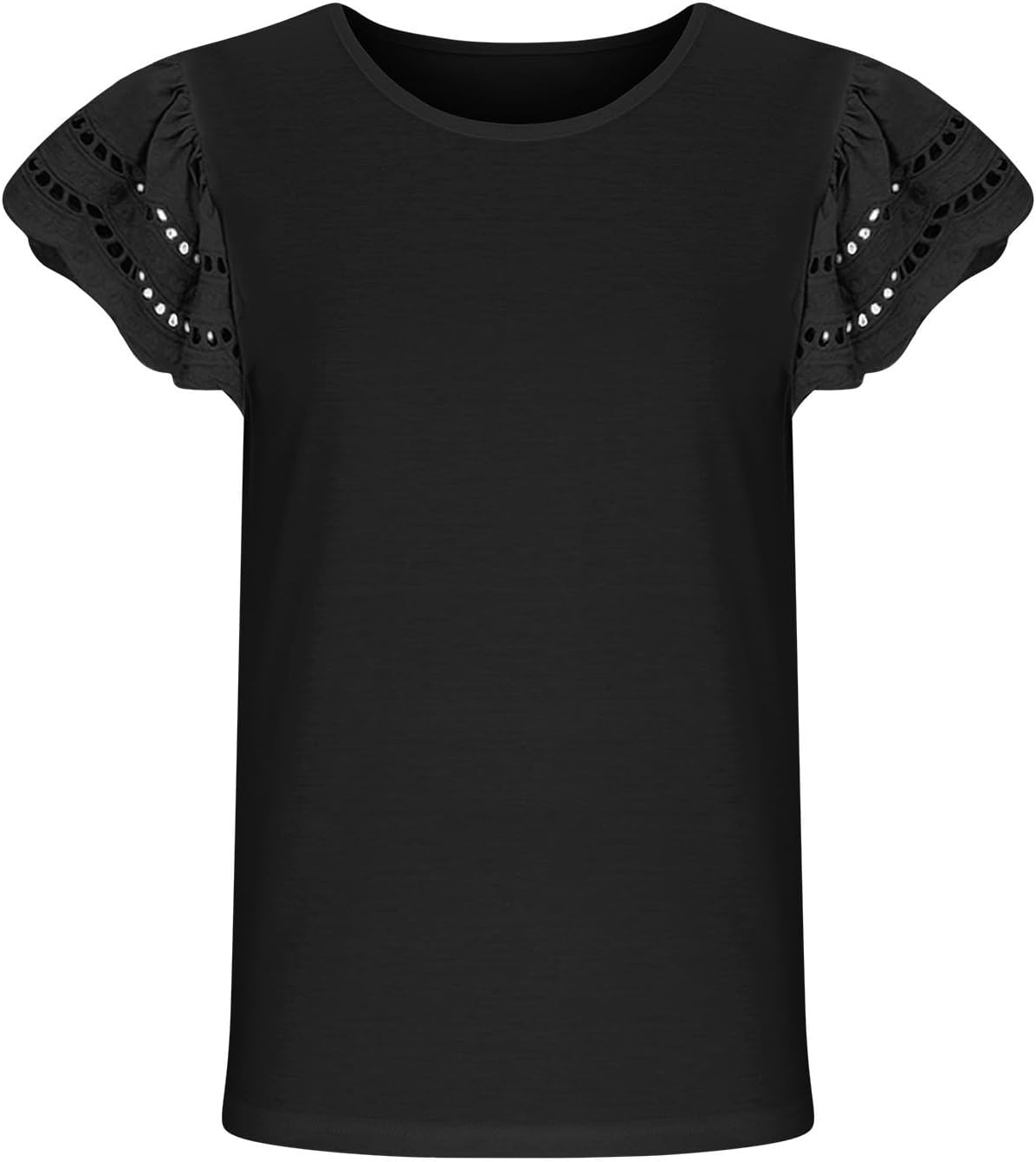 3-14T Girls T-Shirts Tops Summer Fashion Solid Hollow Out Ruffles Short Sleeves Crewneck Loose Comfy Tees Shirts