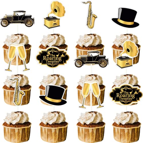 Fangleland 24 Pcs Roaring 20s Cupcake Toppers Decorations, Music Concert Jazz 1920s Retro Cupcake Picks, Band & Orchestra Musical Instruments Twenties Vintage Party Supplies Black and Gold by Fangleland - Used condition - US$6.81