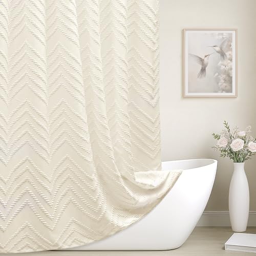 TURKIO Cream Shower Curtain Boho Farmhouse Shower Curtain 72”W x 72”L Tufted Chevron Textured Minimalist Shower Curtains for Bathroom by TURKIO - Used condition - US$20.78