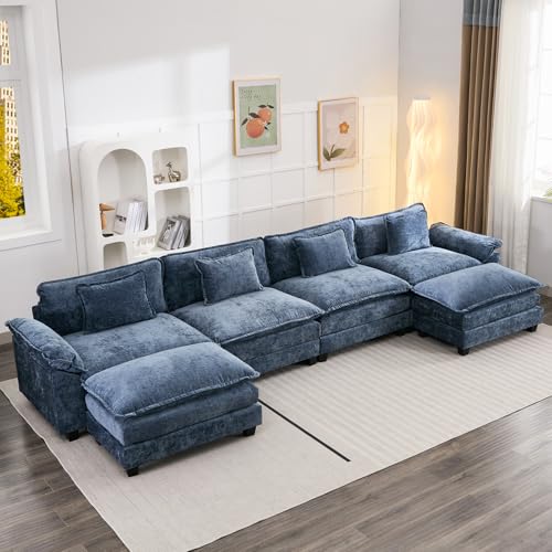 Image of Oprisen 154 inch Modular Sectional Sofa, Comfy Cloud Couch Sectional Sofa with Ottoman, Chenille Sofa Sleeper Deep Seat Sofa with Throw Pillows for Living Room (Blue, 154 inch- U Shape)