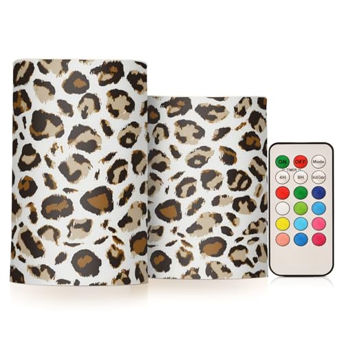Image of Leopard Print - White Flameless Candles, Set of 2, Battery Operated, Pillar Candles for Home Decoration, Christmas, Party