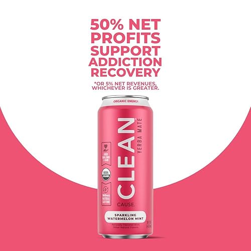 Vista 5 de Gaseosa de yerba mate de sandía y menta, orgánica, baja en calorías y azúcar (160 mg de cafeína), latas de 16 onzas, paquete de 12 unidades – CLEAN