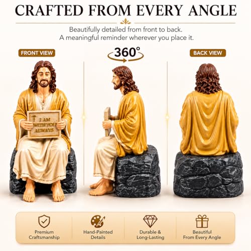 Image of Jesus Christ Statue, Handcrafted & Hand-Painted Resin Figurine with I Am with You Always Plaque, Christian Home Decor, Christian Gift for Home, Office & Prayer Room