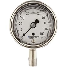 مقياس الضغط المملوء بالسوائل من الفولاذ المقاوم للصدأ Ashcroft Duralife Type 1009SWL، وصلة منخفضة من نوع NPT مقاس 1/4 بوصات، حجم طلب، نطاق 0/100 PSI