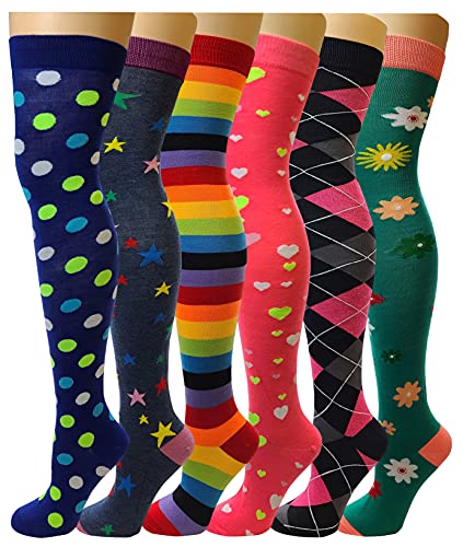 Sumona 6 Pairs Pack Women Multi Neon Color Fancy Design Thigh High Over The Knee Socks Stockings (6 Pairs Assorted) #TOP4