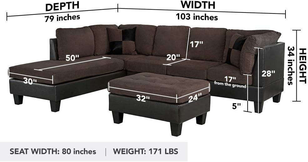 3 Piece Modern Microfiber Faux Leather Sectional Sofa with Ottoman, Color Hazelnut, Beige, Chocolate and Grey (Chocolate)