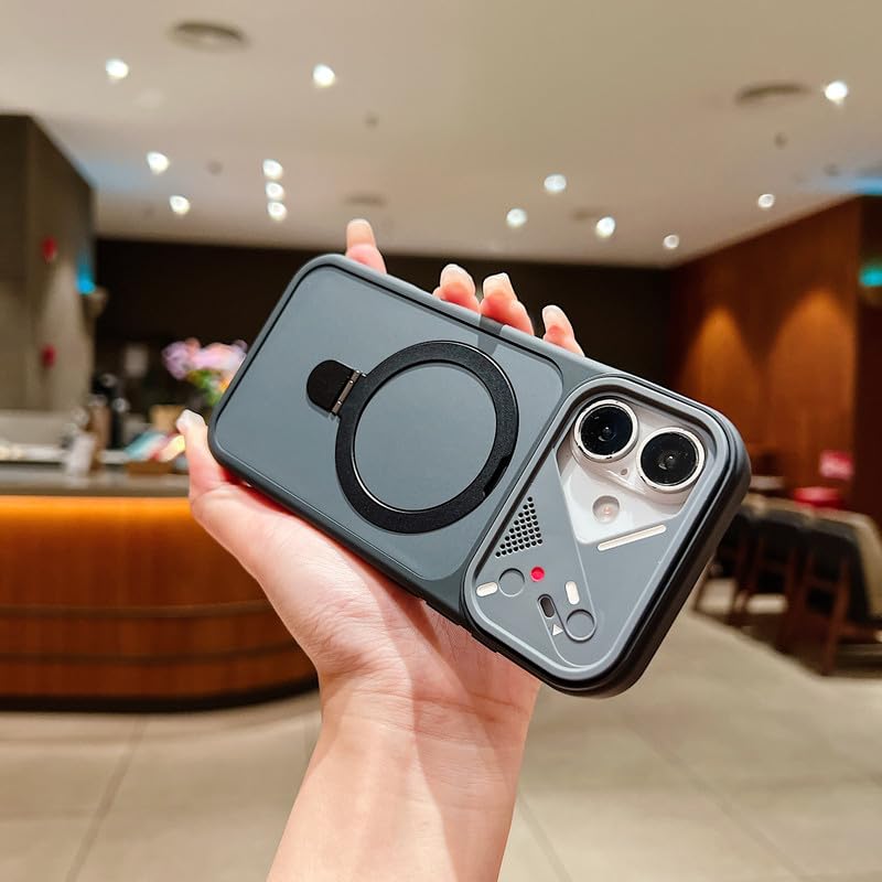 Image of LuxuryKase Magnetic Shockproof Case for iPhone 16 Plus | Foldable 110 Metal Ring Kickstand | Matte Finish | Futuristic Camera Shield Design | Slim Profile & MagSafe Compatible - Black