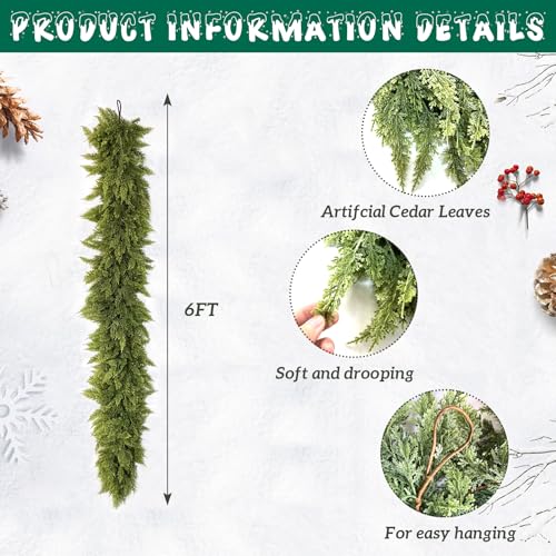 DERJLY 6 Ft Christmas Cedar Garland: Artificial Real Touch Soft Thick Green Wreath for Outdoor Indoor Home Front Mantle Fireplace Decorations - Thumbnail 3