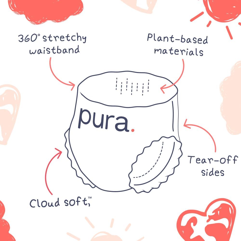 Pura 360° Diaper Pants Size 4, 63 Count, 20-33lbs, TCF, Stretch Fit, Pull On Diaper for Hypoallergenic & Sensitive Skin, Up to 12 Hours Overnight Leak Protection