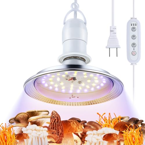 Meonum Mushroom Grow Light with 3/6/9 Hour Timer, 360° LED Hanging Grow Lights Bulb for Mushroom with 6.5ft Extension Cord, 6000K Blue&5000K White Lamp for Indoor Plants Growing Kit Supplies (1 Pack)