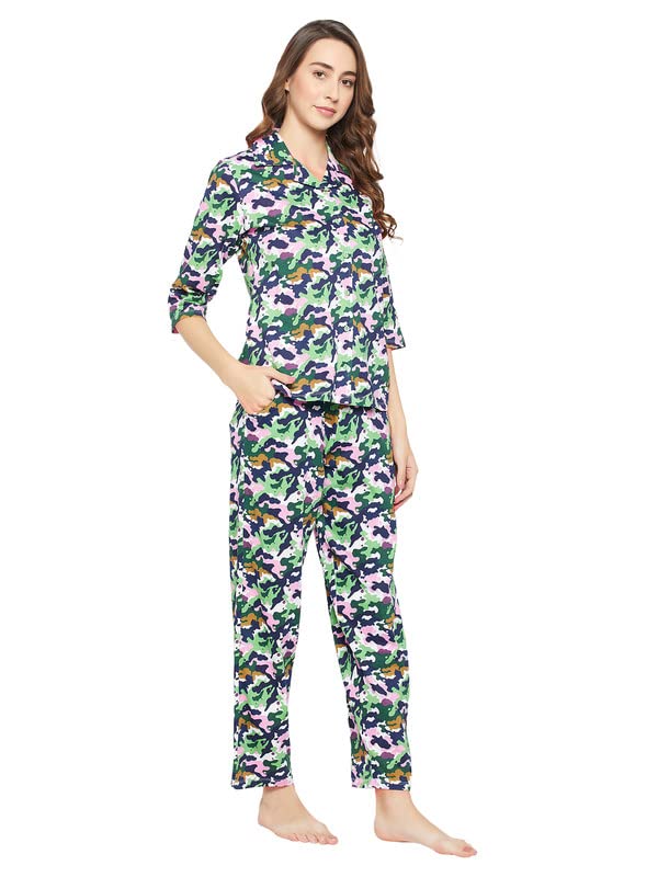 Image of Clovia Women's Cotton Camouflage Print Button Down Shirt & Pyjama Set In Multicolor