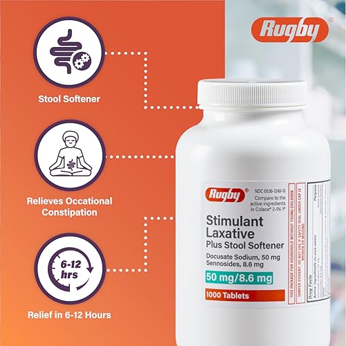 Rugby Stimulant Laxative Plus Stool Softener - Docusate Sodium, 50 mg - Sennosides, 8.6 mg - 1000 Tablets
