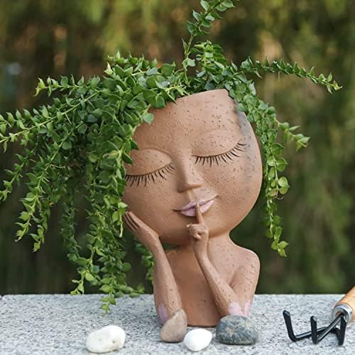 HUNTHAWK Face Flower Pot Head Planter, Face Planters Pots, Unique Face Flower Pot for Indoor Outdoor Plants, Resin Head Planter with Drainage Hole, Cute Lady face Plant Pots Closed Eyes (Brown/Dark)