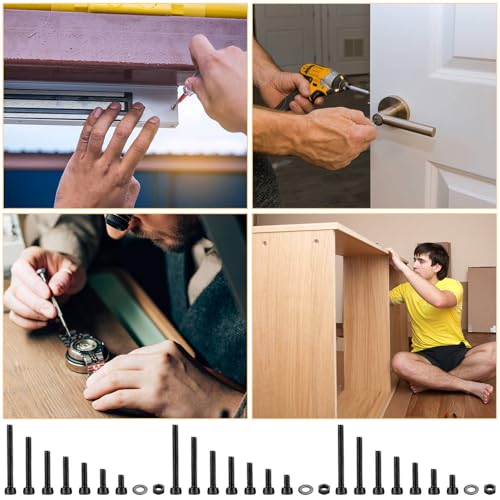 1260 Stück M2 Schrauben Set, Innensechskantschrauben Muttern Set, Zylinderkopfschrauben und Muttern und Unterlegscheiben Set, Gewindeschrauben Set mit Muttern, Schwarz Maschinenschrauben Sortiment