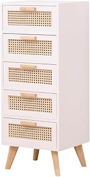 Storage Cabinet, Solid Rattan Wood Cabinet, Thin Type Storage Cabinet, Space Saving, 2/3/4/5 Drawers, Large Capacity, Strong Load Capacity, Vertical Chest Suitable for Bedroom, Living Room White, 5