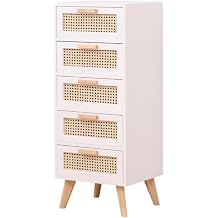 Storage Cabinet, Solid Rattan Wood Cabinet, Thin Type Storage Cabinet, Space Saving, 2/3/4/5 Drawers, Large Capacity, Strong Load Capacity, Vertical Chest Suitable for Bedroom, Living Room White, 5