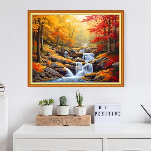 Image of Dooxvey Cross Stitch Kit for Adult Beginners - Full Range of Stamped Kits, 11CT Cross Stitch Patterns - Maple Leaf Waterfall, 16x20 inch