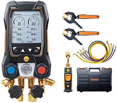 Testo 557s Kit I App Operated Digital Manifold, 2 x testo 115i Pipe Clamp Thermometer, 1 x testo 552i Micron Gauge, 4 x Hoses I for HVAC Systems – with Bluetooth