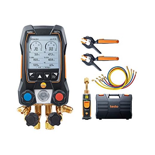 Testo 557s Kit I App Operated Digital Manifold, 2 x testo 115i Pipe Clamp Thermometer, 1 x testo 552i Micron Gauge, 4 x Hoses I for HVAC Systems – with Bluetooth