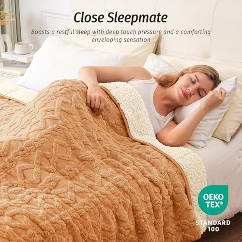 Image of Wemore Weighted Blanket for Adults Twin Size 15 lbs, Dual Sided Soft Fuzzy Jacquard Sherpa Weighted Blankets, Cozy Fluffy Knitted Heavy Blanket, Orange-Yellow, 60 x 80 inches