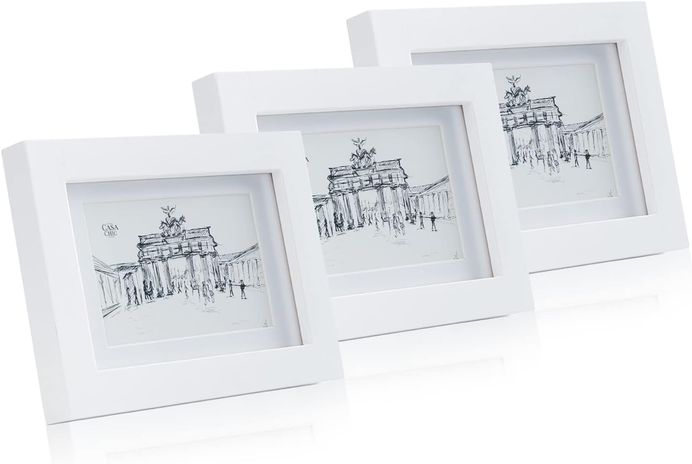 Casa Chic Picture Frames, 14 x 9 cm White Photo Frame, Standing/Wall Mounted Photo Frames For Home, Vertical/Horizontal Display, Real Glass & Wood, Passepartout Poster Frame, Picture Frame (3 Pack)