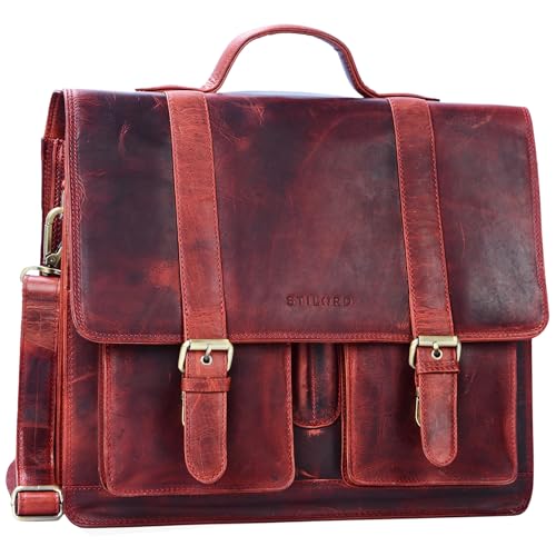 STILORD große Leder Aktentasche rot - Vintage Lehrer-Tasche - Businesstasche aus Rindsleder - Schultasche - Klassische Laptoptasche Marius